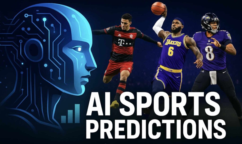 AI robot face with digital circuits beside Flamengo, Lakers, Ravens, and Bayern athletes in action, with text ‘AI Sports Predictions’ and themelan.com branding
