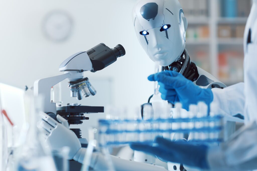 A humanoid robot with glowing blue eyes examines a microscope in a laboratory, symbolizing the role of AI in healthcare. A human scientist wearing blue gloves holds a test tube rack in the foreground.