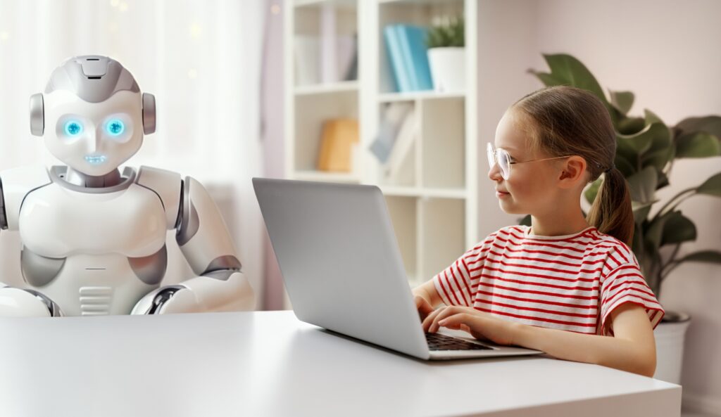 girl is playing with a robot
