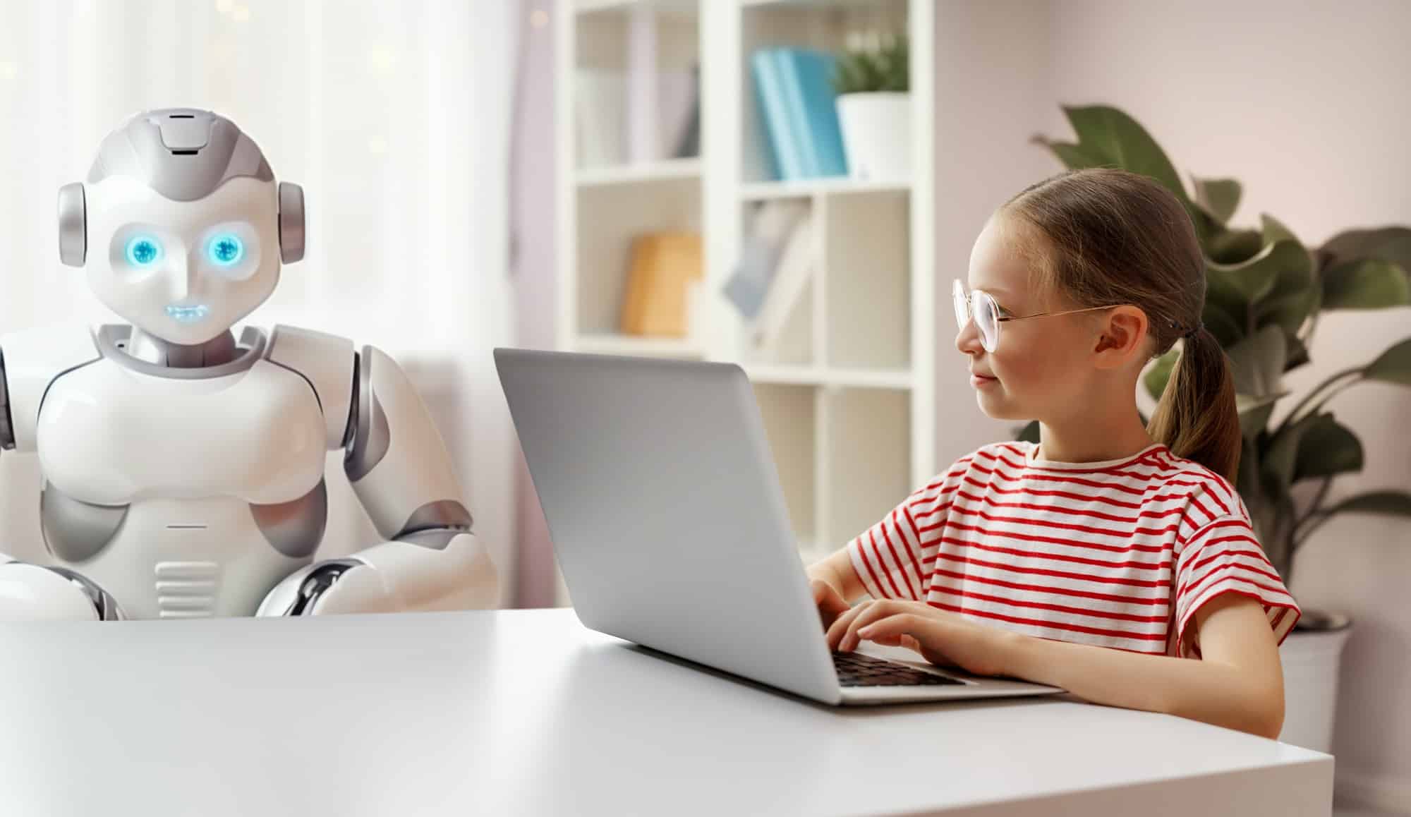 girl is playing with a robot