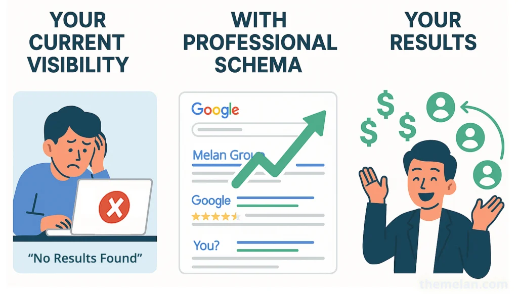 Three-panel infographic showing a frustrated user with no search visibility, improved Google results with professional schema, and a happy business owner gaining clients and revenue.