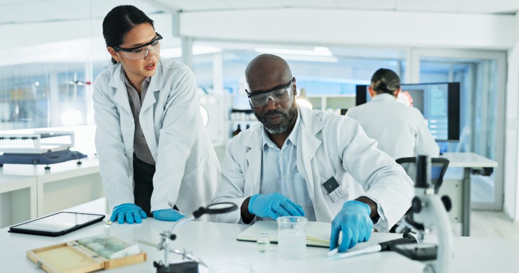 People, scientist and teamwork at laboratory for medical research, investigation and drug discovery