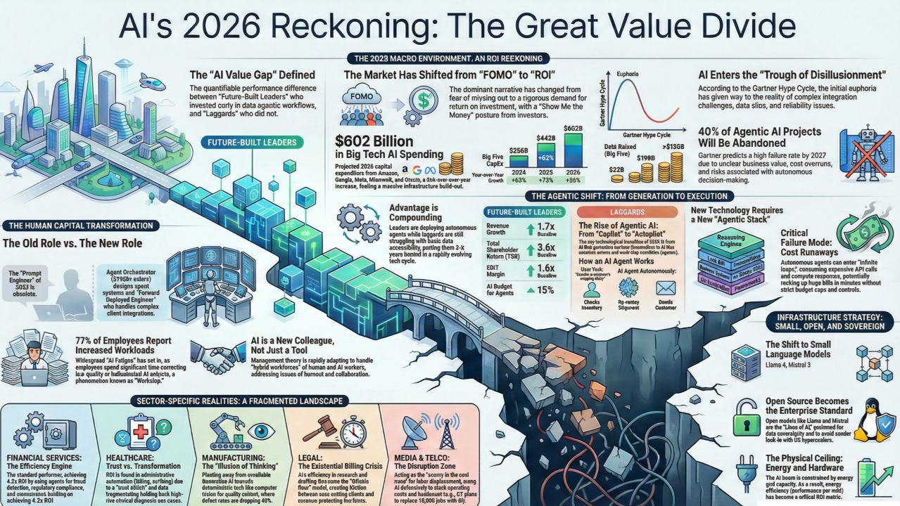Infographic showing the gap between AI research investment and enterprise deployment outcomes